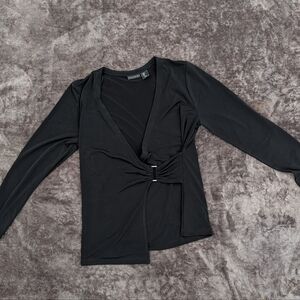 Tahari Elegant Black Wrap‎ Blouse